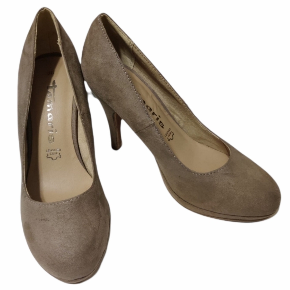 TAMARIS Wortmann KG Suede Nude Platform Pumps Taupe‎ SZ 36 EU Round Toe Slip On